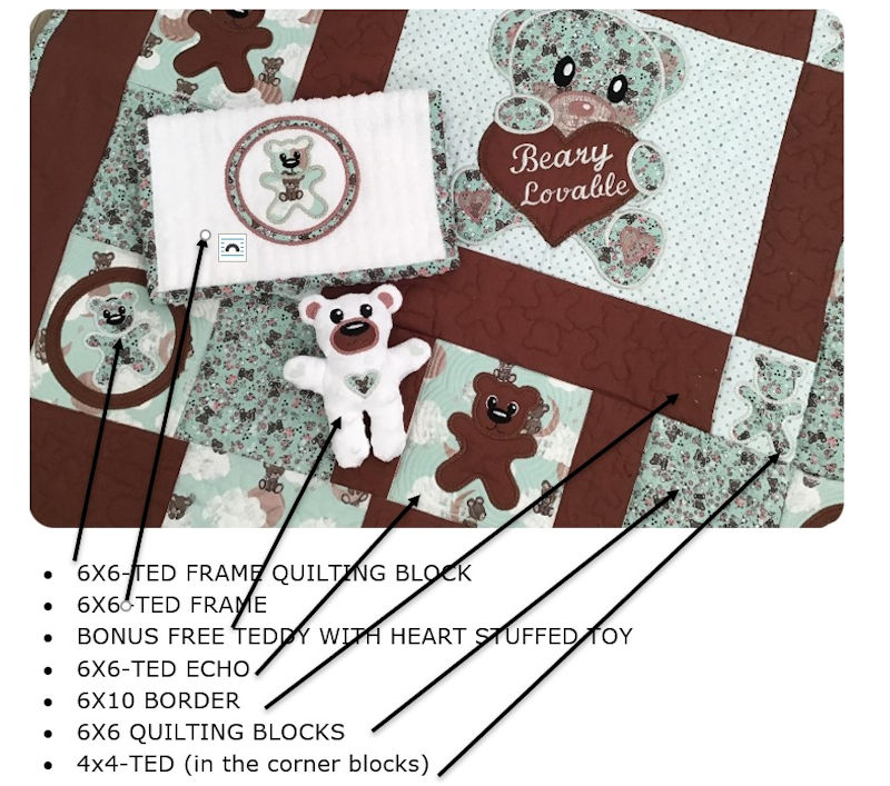Close up of brown teddy quilt showing designs used