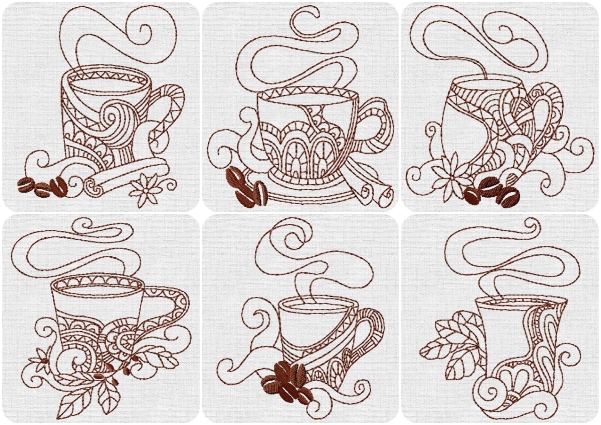 6 Coffee Embroidery designs for 4x4 hoop