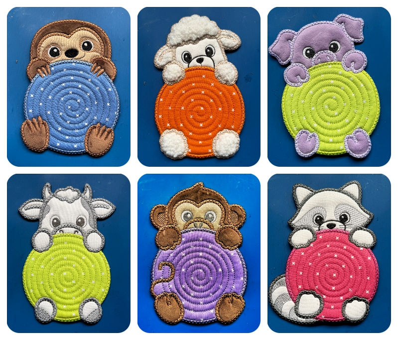 6 versions In the hoop Peeking Animal Coasters