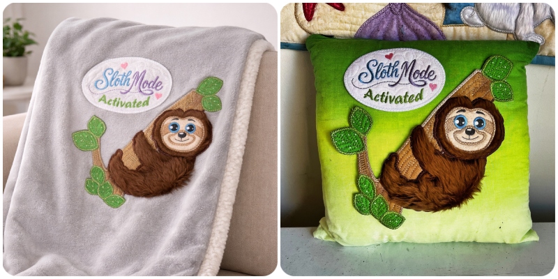 Blanket and cushion using Large Applique Hanging Sloth by Kreative Kiwi