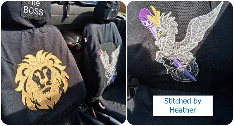 Car seat covers by Heather Lion and Dragon