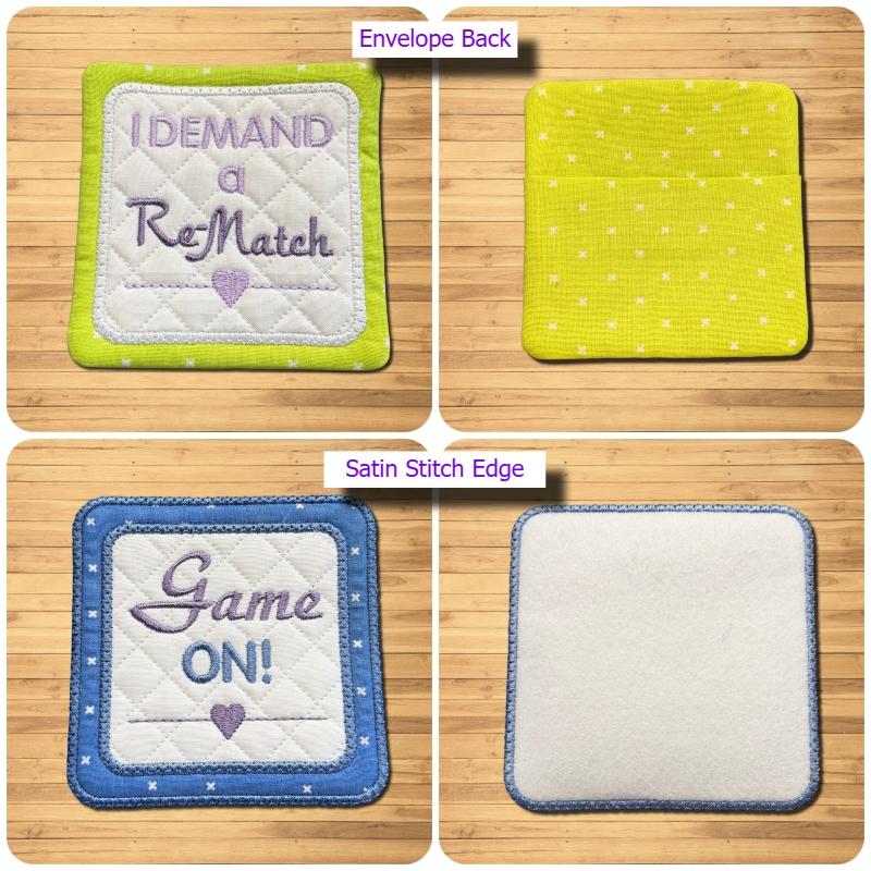 Envelope back or satin stitch edge Game Night Coasters
