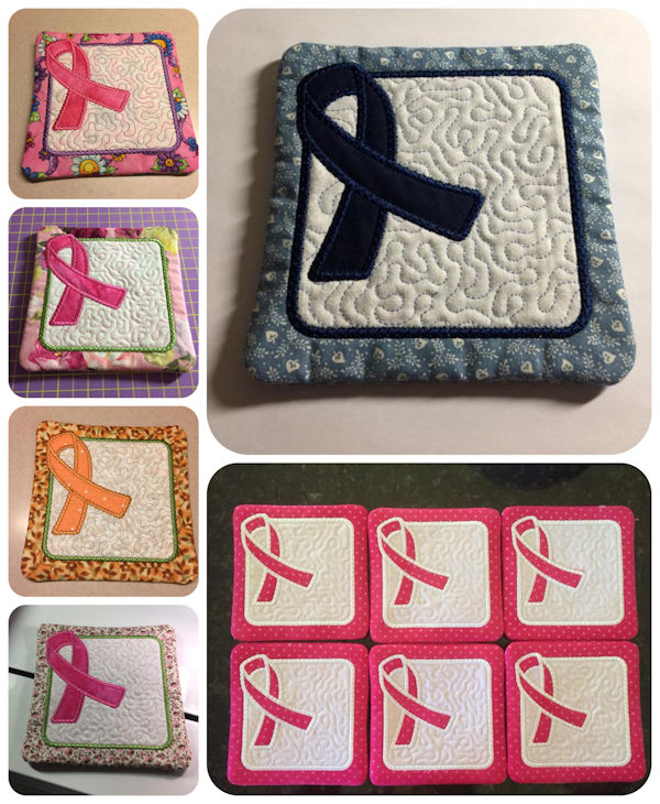 Free In the hoop Awareness Ribbon Coaster Samples