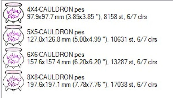 Free Witches Cauldron sizes