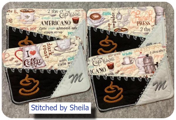 Free crazy patch mug rug by Shelia