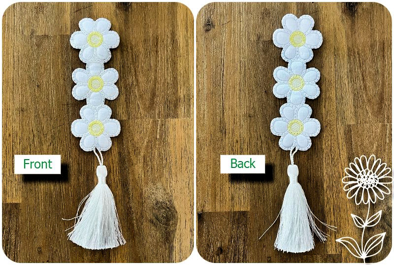 Front and Back of Free In the hoop Flower Bookmark by Kreative Kiwi