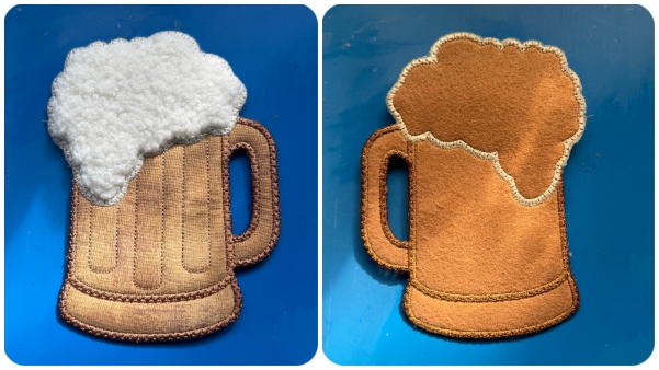 Front and back - Free In the hoop Beer Mug Coaster by Kreative Kiwi