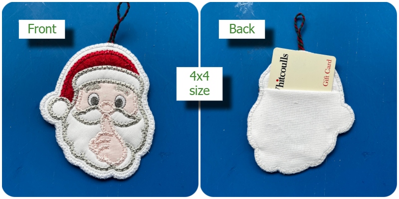 Front and back 4x4 In the hoop Secret Santa Gift Tag