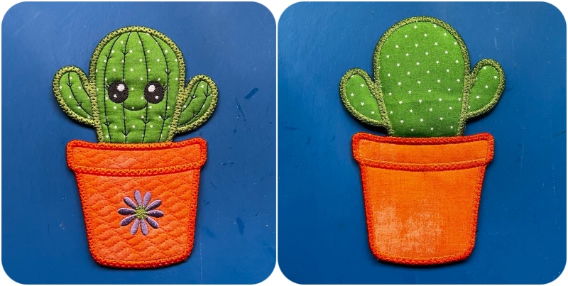 Front and back Free In the hoop Cactus Flowerpot by Kreative Kiwi