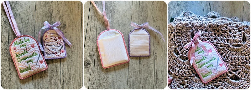 Front and back Free In the hoop Made with Love tag