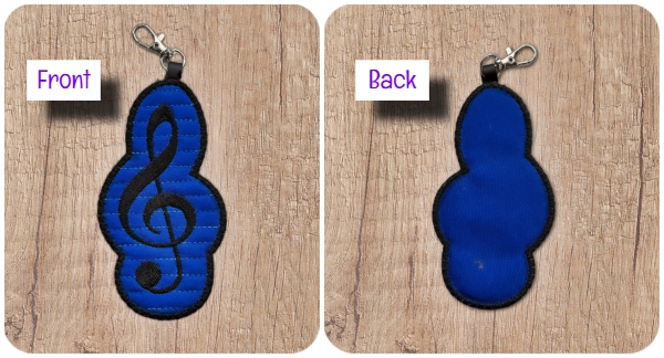 Front and back Free In the hoop Music Bookmark and Bag Tag