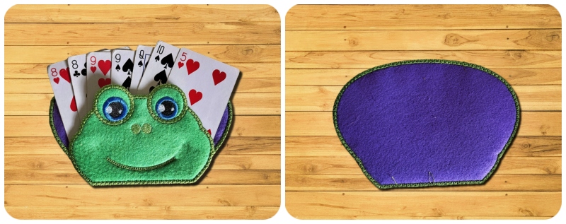 Front and back In the hoop Frog Playing Card Holder for kids by Kreative Kiwi - 800