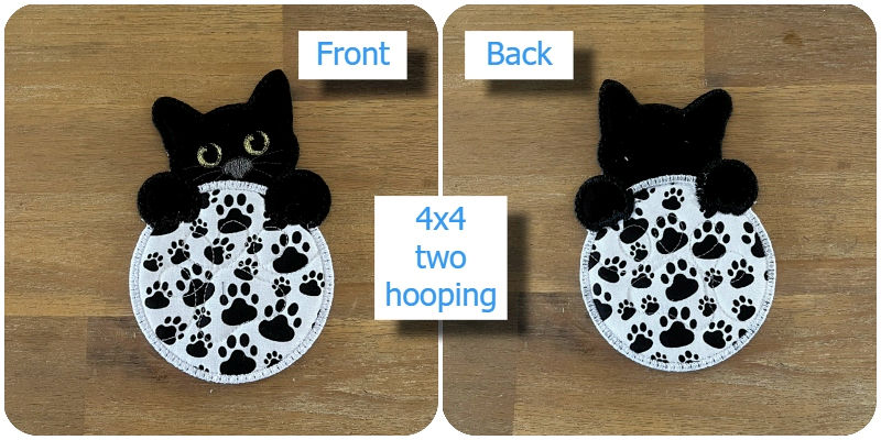 Front and back In the hoop Peeking Cat Coaster 4x4 by Kreative Kiwi - 800