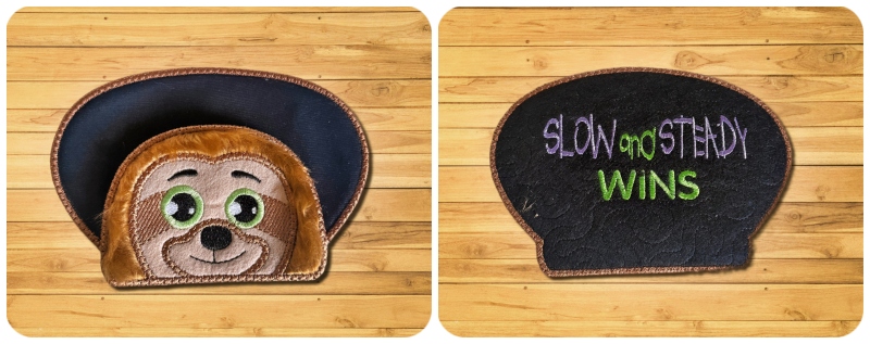 Front and back In the hoop Sloth Playing Card Holder for kids by Kreative Kiwi - 800