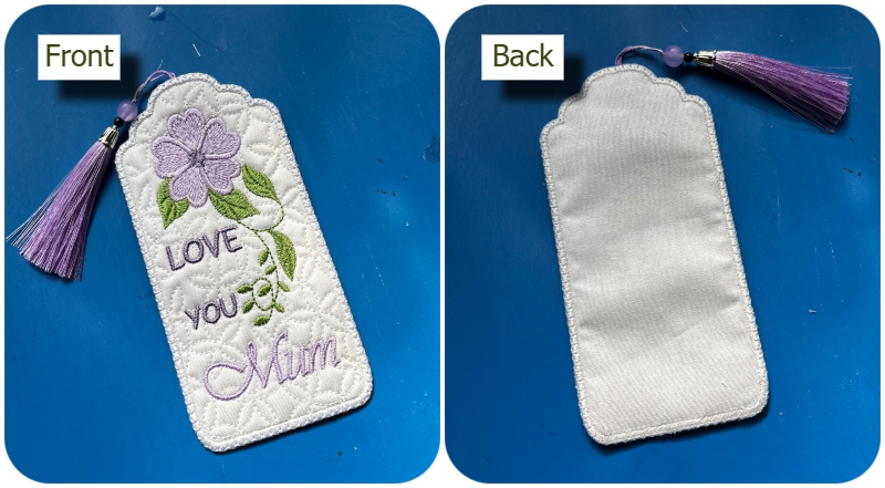 Front and back Love you Mum In the hoop Bookmark by Kreative Kiwi