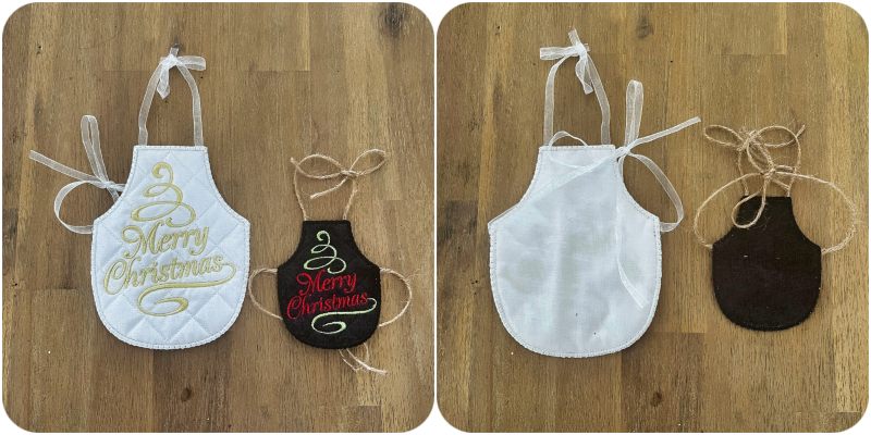 Front and back of Free In the hoop Bottle Apron by Kreative kiwi