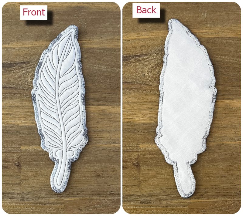 Front and back of Free In the hoop Feather Bookmark by Kreative Kiwi