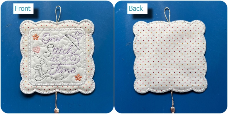 Front and back of Free One stitch at a time Coaster