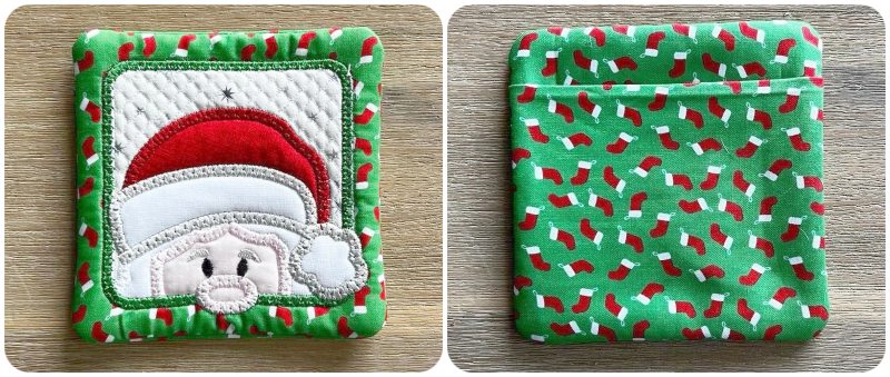 Front and back of Free Peeking Santa Coaster