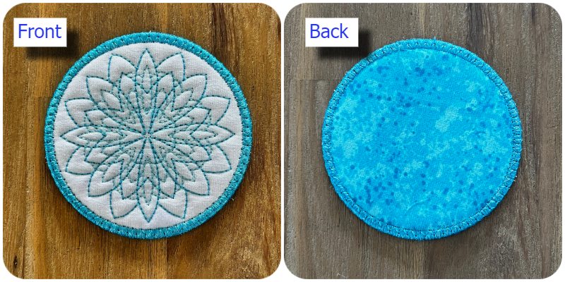 Front and back of Free Simple in the hoop Round Coasters by Kreative Kiwi