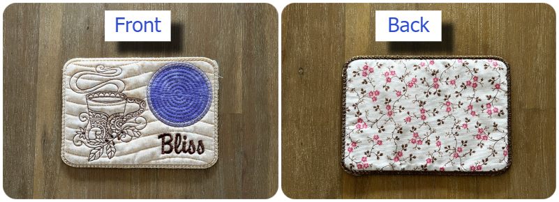 Front and back of In the hoop Coffee Mug Rug - 800