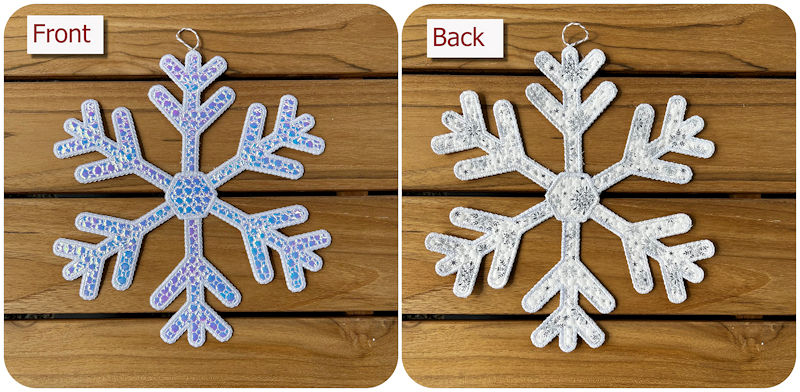 Front and back of Free In the hoop Snowflake by Kreative Kiwi 