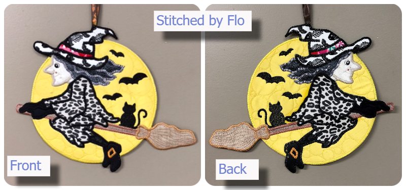 Front and back of Large Applique Witch stitched by Flo