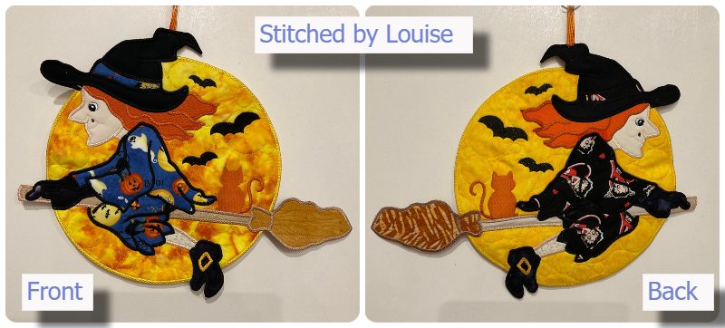 Front and back of Large Applique Witch stitched by Louise