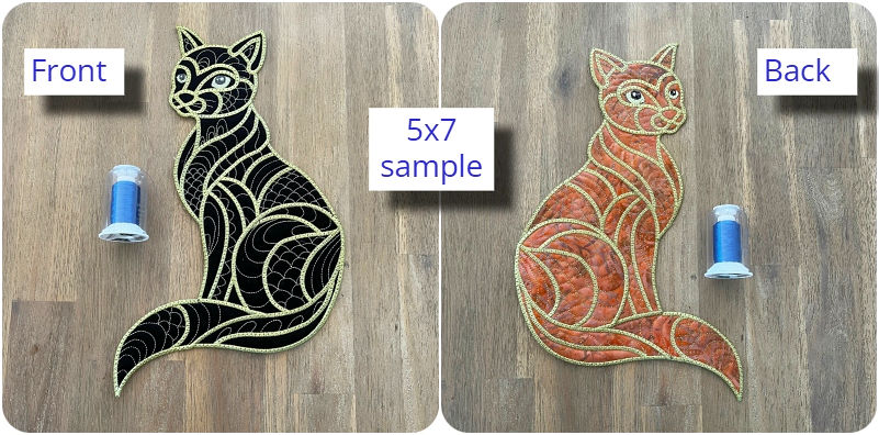 Front and back of large applique zen cat