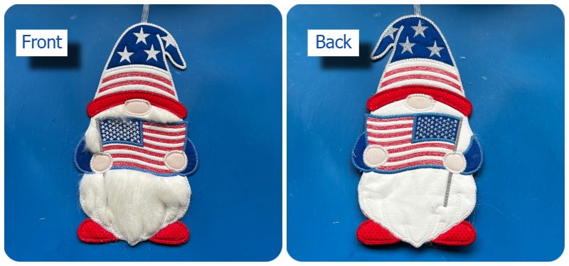 Front and back of reversable Large Applique 04 July Gnome by Kreative Kiwi
