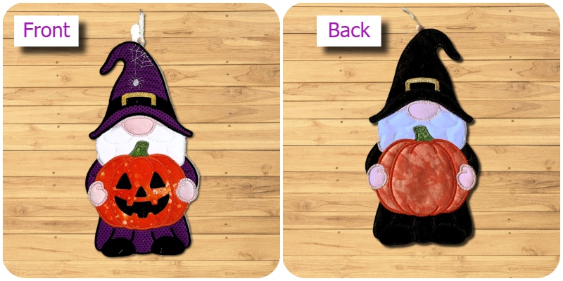Front and back of reversable Large Applique Halloween Thanksgiving Gnome by Kreative Kiwi - 800