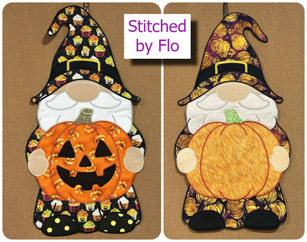 Front and back of reversable Large Applique Halloween Thanksgiving Gnome stitched by Flo - 600