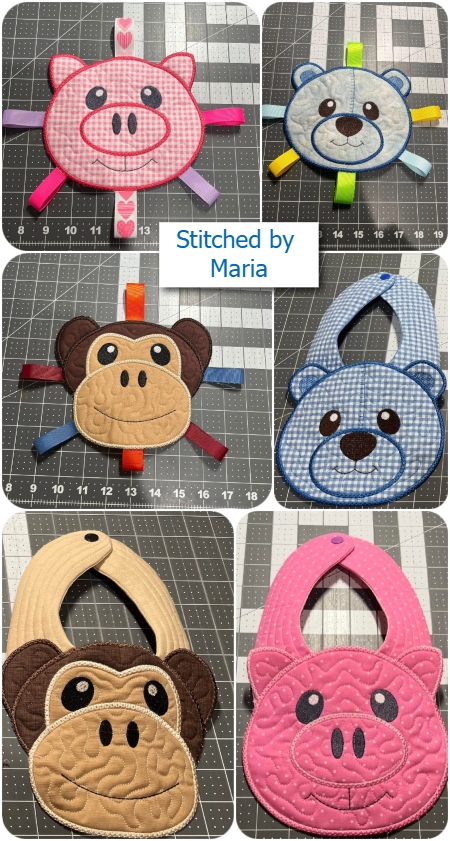 In the hoop Animal Bibs and taggies by Maria