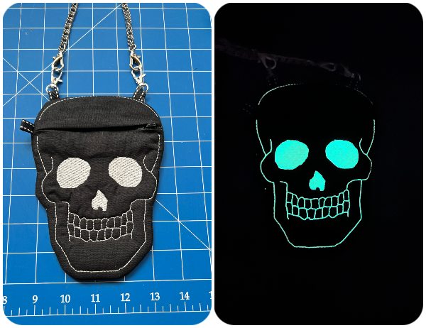 In the hoop Skull Bag with Glow in the dark thread
