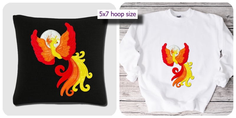 Samples of 5x7 size large applique phoenix by Kreative Kiwi