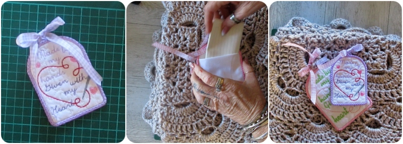 Samples of free in the hoop made with love tag by Heather