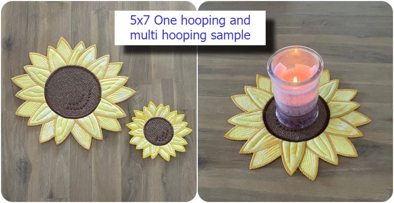 Size comparison one hooping vs multi hooping - 5x7 Sunflower