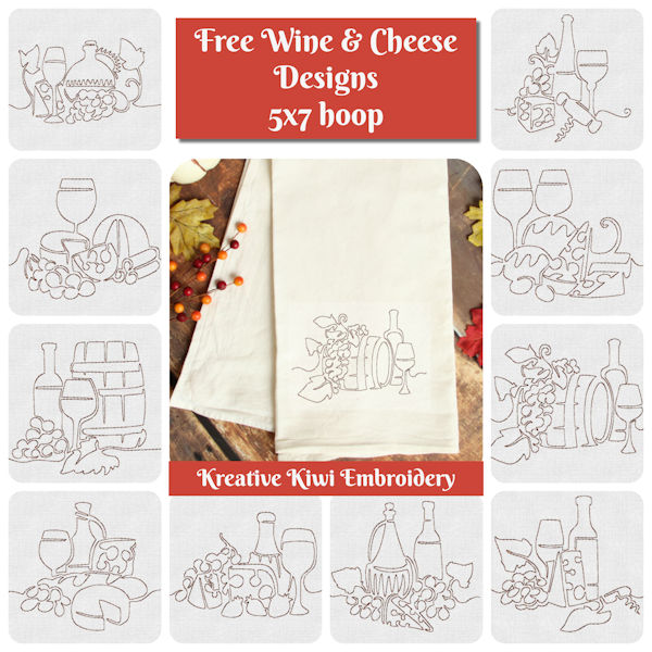 Free Wine and Cheese Embroidery Design by Kreative Kiwi - kk600