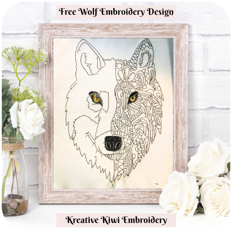Free Wolf Embroidery Design by Kreative Kiwi 