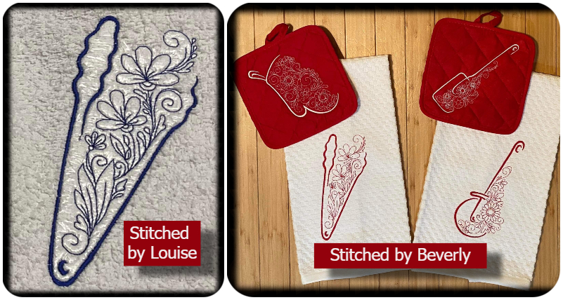 Kitchen Utensils embroidery designs stitched by Beverly and Louise