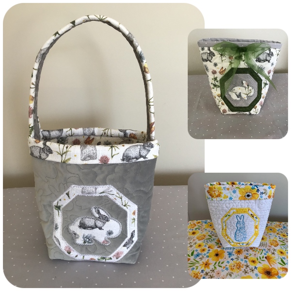 Fabric baskets made with free Bunny Applique Set by Darina