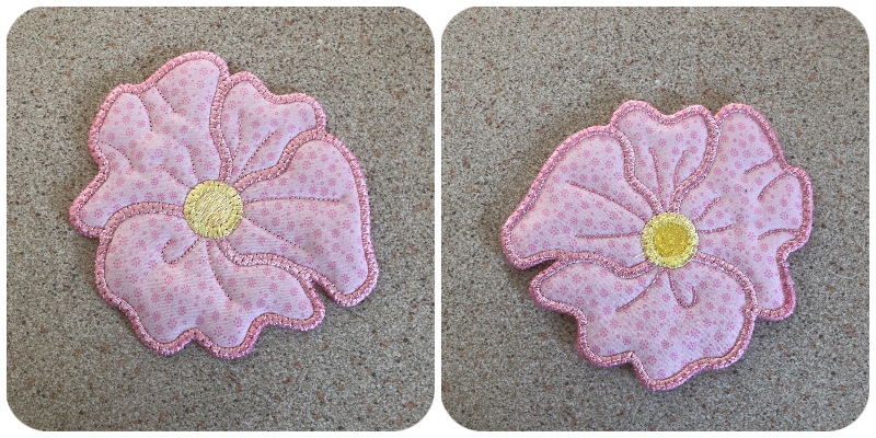 Front and back of Free In the hoop Flower 2 by Kreative Kiwi