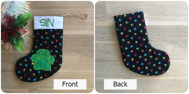 Front and back of fully lined One hooping Christmas Stocking