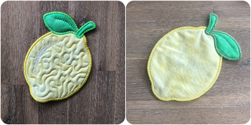 Front and back of Free in the hoop Lemon Coaster by Kreative Kiwi