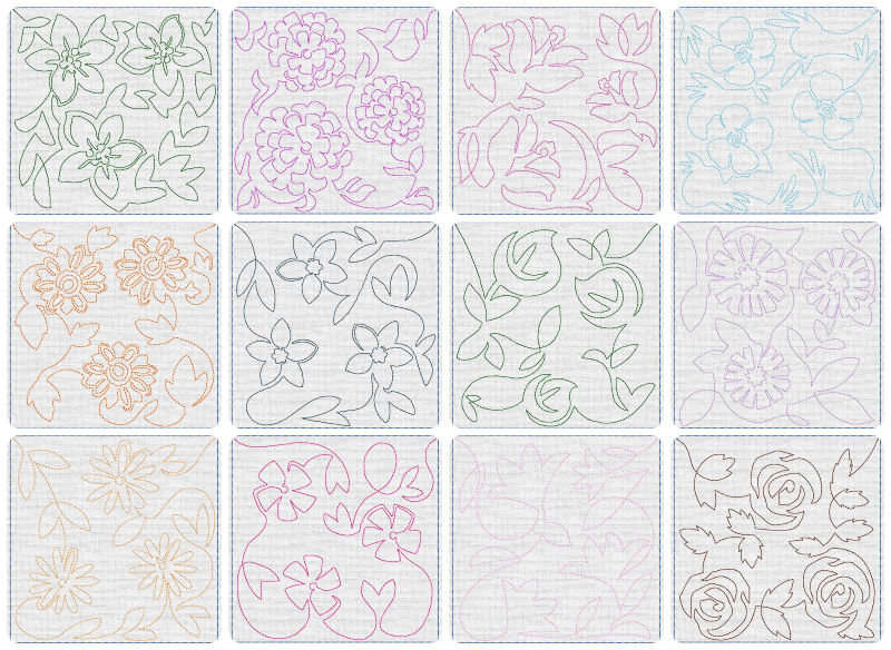 12 Flower Quilting continupus line embroidery designs by Kreative Kiwi