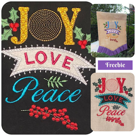 "Joy, Love, and Peace" is a Free Christmas Machine Embroidery Design designed by Fayes Thread from Kreative Kiwi!