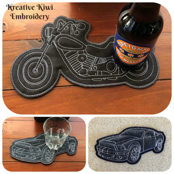 Free In the hoop Car and Motorbike Coaster by Kreative Kiwi