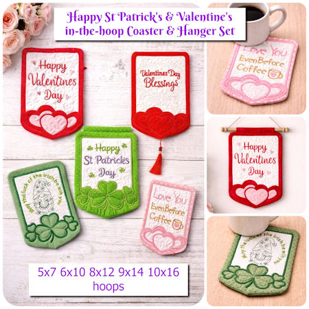 St Pats & Valentines In the hoop Coaster and Hangers by Kreative Kiwi - 450