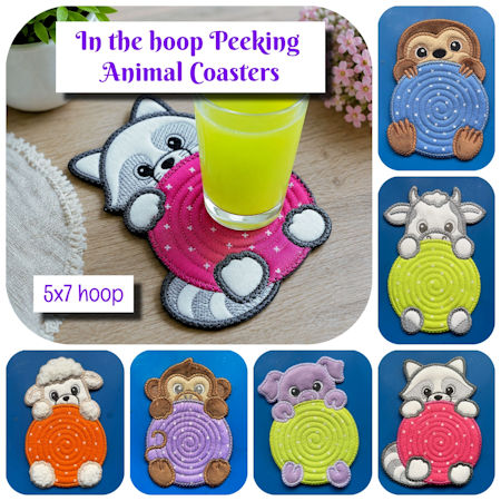 In the hoop Peeking Animal Coasters by Kreative Kiwi - 450