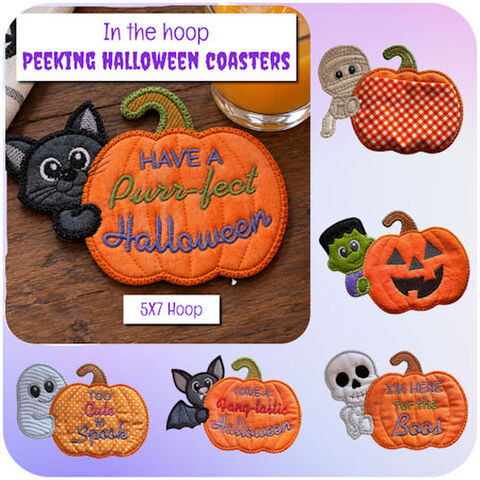 In the hoop Peeking Halloween Coasters